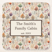 Woodland Cozy Cabin Family Gift スクエアペーパーコースター (正面)