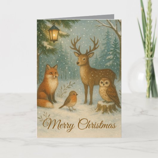 Woodland Creatures Cozy Christmas Custom Name カード (正面)