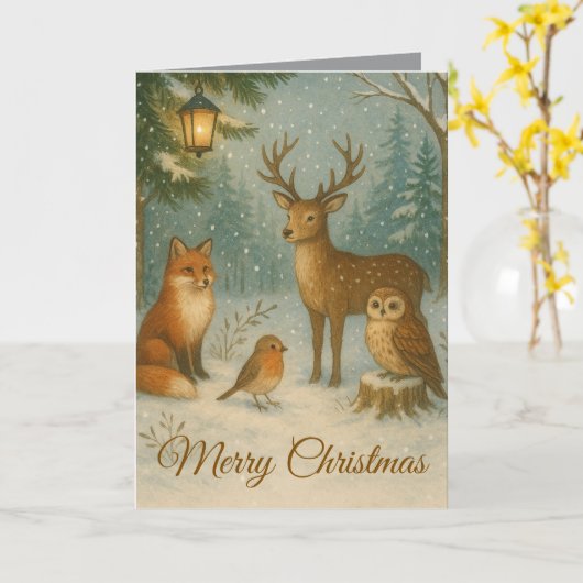 Woodland Creatures Cozy Christmas Custom Name カード (黄色い花)