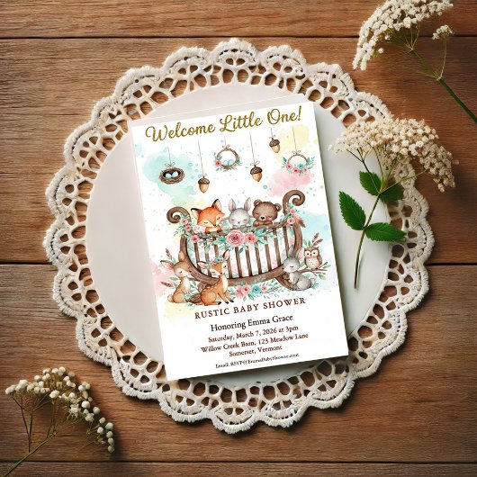 Woodland Crib Welcome Little One Baby Shower ポストカード