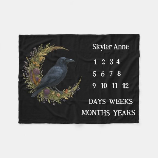 Woodland Crow Botanical Wreath Milestone フリースブランケット (正面(横))