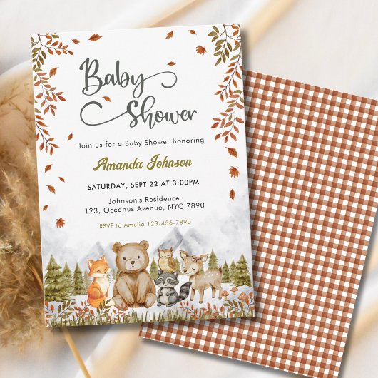 Woodland Cute Animals Baby Shower 招待状