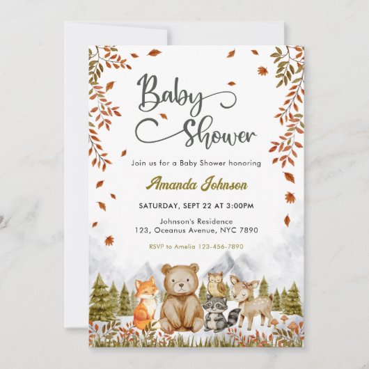 Woodland Cute Animals Baby Shower 招待状 (正面)