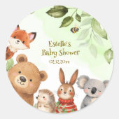 Woodland Cute Animals Greenery Baby Shower ラウンドシール (正面)