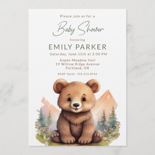 Woodland Cute Baby Bear Shower Invitation 招待状 (正面)
