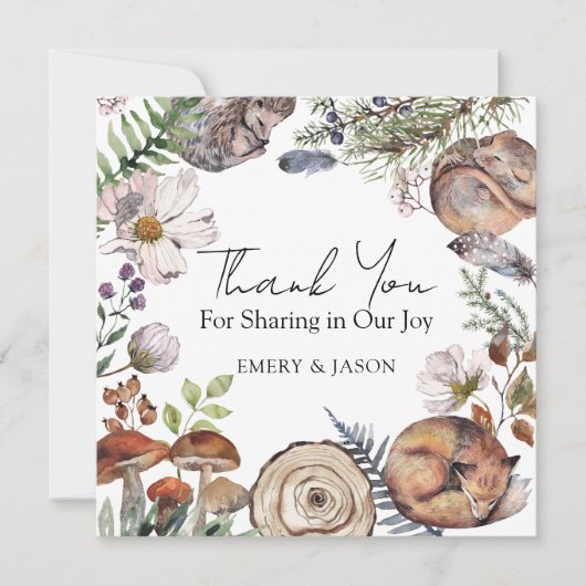 Woodland Cute Forest Animals Baby Shower サンキューカード (正面)