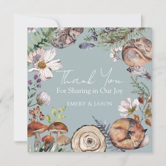 Woodland Cute Forest Animals Blue Baby Shower サンキューカード (正面)