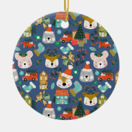 Woodland Cute Santa Animals Denim Blue セラミックオーナメント