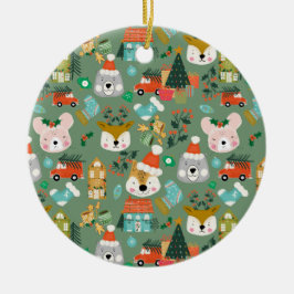 Woodland Cute Santa Animals Green セラミックオーナメント