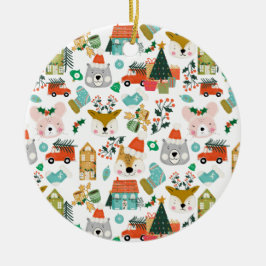 Woodland Cute Santa Animals White セラミックオーナメント