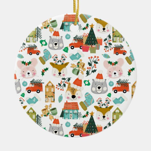 Woodland Cute Santa Animals White セラミックオーナメント (正面)