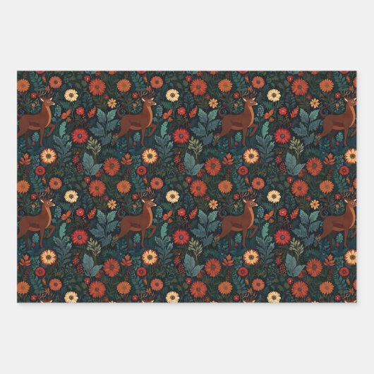 Woodland Deer and Flowers Holiday Gift Wrap ラッピングペーパーシート (正面)