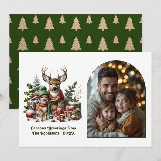 Woodland Deer Family Cozy Forest Christmas Photo シーズンカード (正面/裏面)