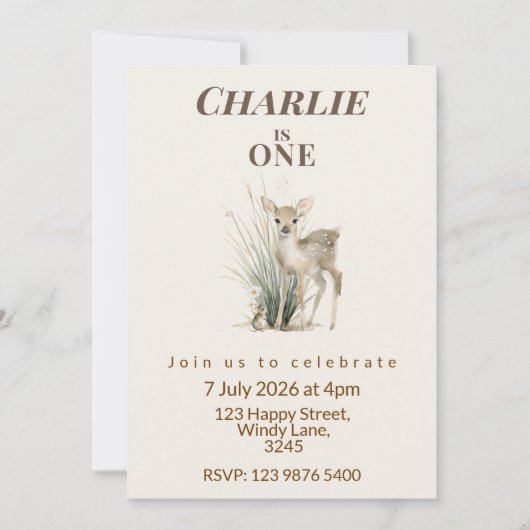 Woodland Deer First Birthday Invitation 招待状 (正面)
