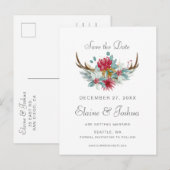 Woodland Deer Floral Antler Save the date 案内ポストカード (正面/裏面)