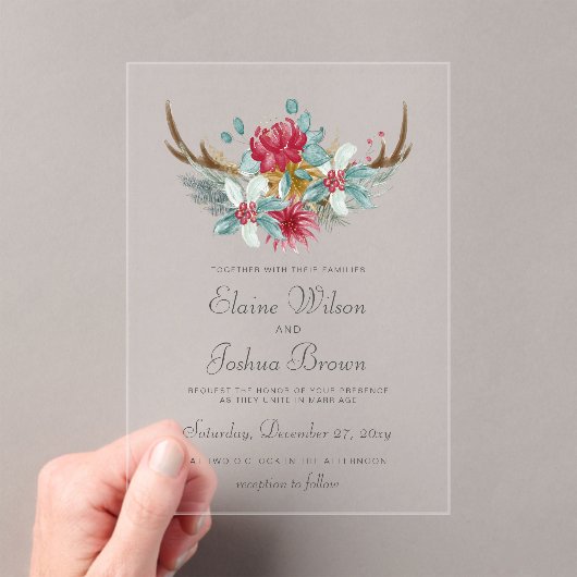 Woodland Deer Floral Antler Winter Wedding アクリル招待状 (インサイチュ (ポータブル))