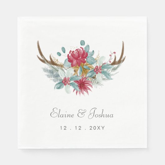 Woodland Deer Floral Antler Winter Wedding スタンダードランチョンナプキン (正面)