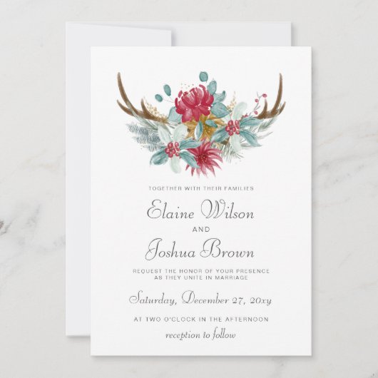 Woodland Deer Floral Antler Winter Wedding 招待状 (正面)