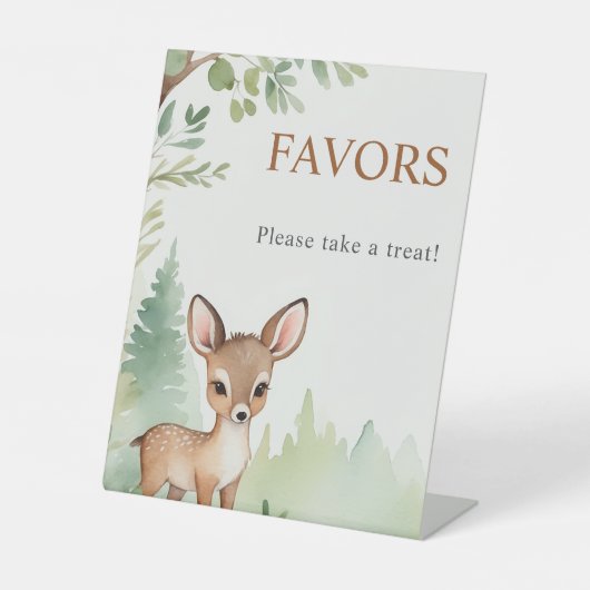 Woodland Deer Forest Neutral Baby Shower Favors 台座サイン (正面)