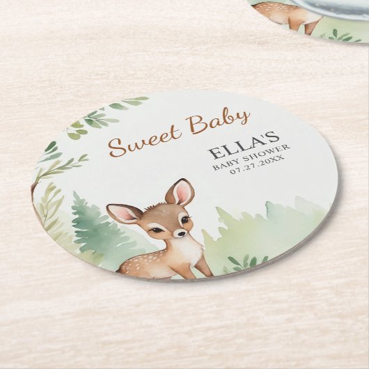 Woodland Deer Forest Neutral Baby Shower Party ラウンドペーパーコースター (アングル)