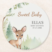 Woodland Deer Forest Neutral Baby Shower Party ラウンドペーパーコースター (正面)