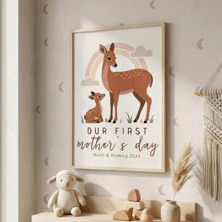 Woodland Deer Mom Baby First Mothers Day Calm Art ポスター