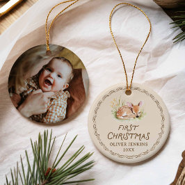 Woodland Deer New Born First Christmas Photo セラミックオーナメント