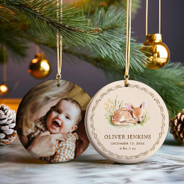 Woodland Deer Newborn Birth Stats Photo Ornament セラミックオーナメント