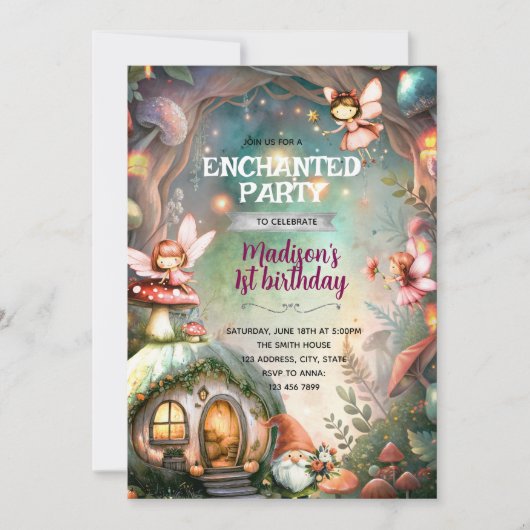 Woodland Fairy and Gnome Birthday Invitation 招待状 (正面)