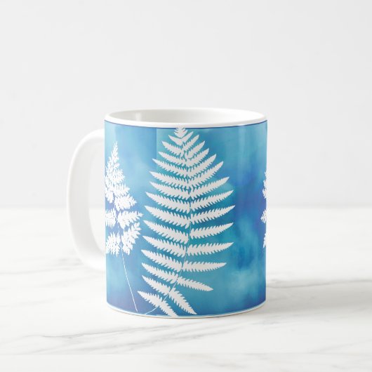 Woodland Fern Pattern、青い水色の白 コーヒーマグカップ (正面左)