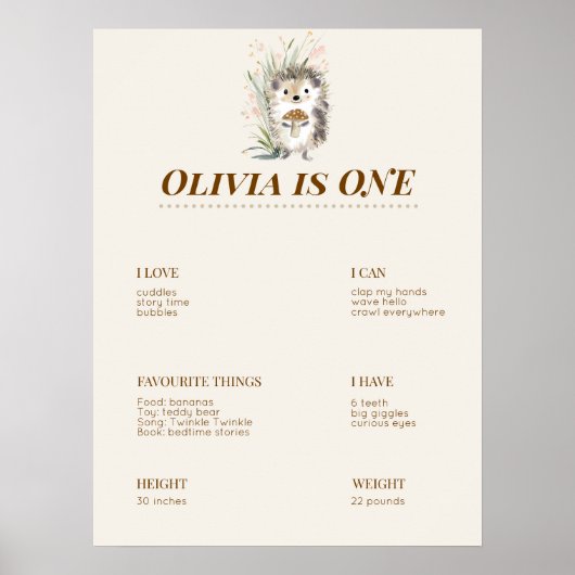 Woodland First Birthday Milestone Board ポスター (正面)