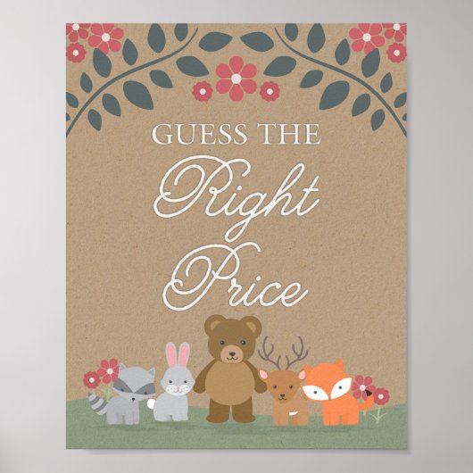 Woodland Florals Baby Shower Guess Price Game Sign ポスター (正面)