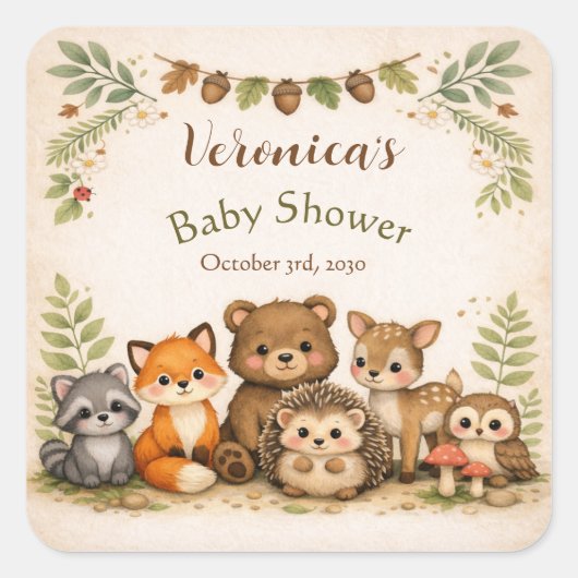 Woodland Forest Animal Baby Shower スクエアシール (正面)