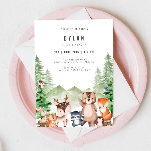 Woodland Forest Animal Boy Birthday Invitation 招待状