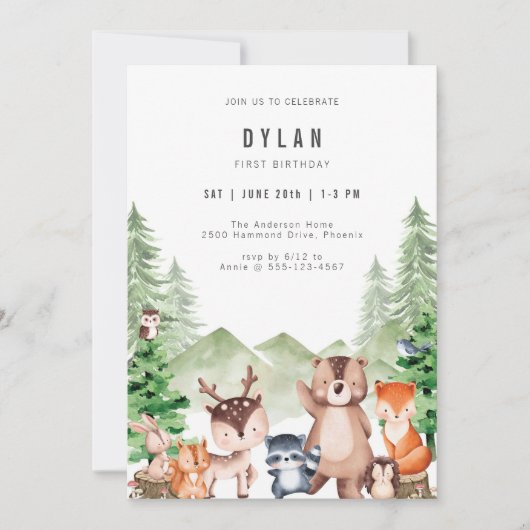 Woodland Forest Animal Boy Birthday Invitation 招待状 (正面)