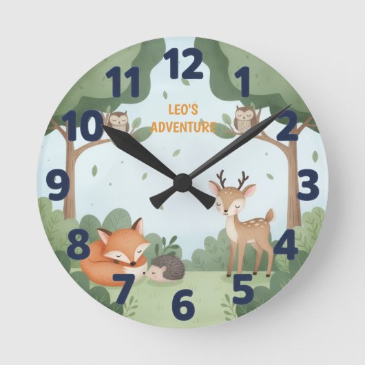 Woodland Forest Animal Friends Kids Wall Clock ラウンド壁時計 (正面)