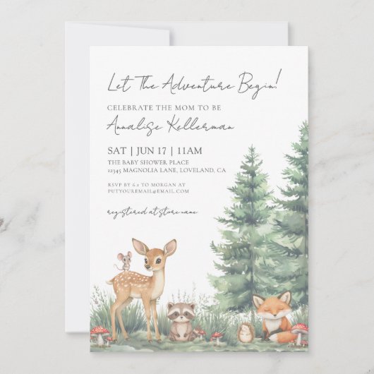 Woodland Forest Animals Adventure Baby Shower 招待状 (正面)