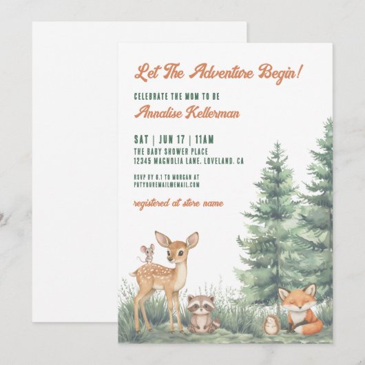 Woodland Forest Animals Adventure Baby Shower 招待状 (正面/裏面)