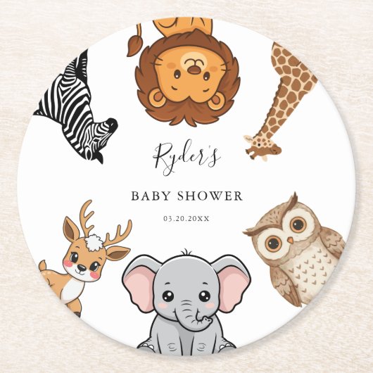 Woodland Forest Animals Baby Shower ラウンドペーパーコースター (正面)