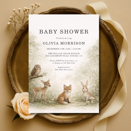 Woodland Forest Animals Baby Shower 招待状