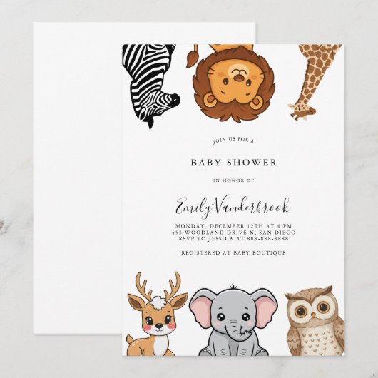 Woodland Forest Animals Baby Shower 招待状 (正面/裏面)