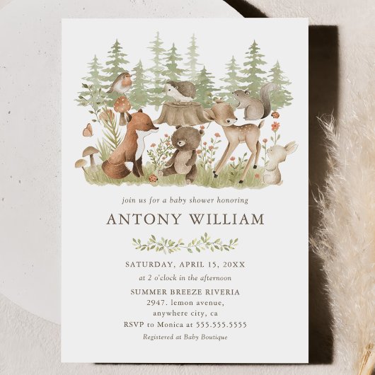 Woodland Forest Animals Baby Shower Invitation 招待状