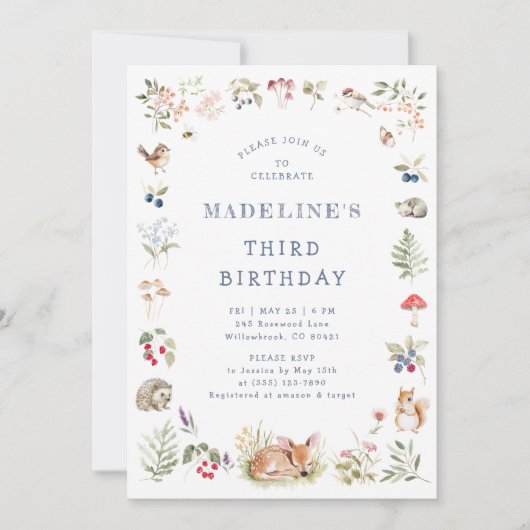 Woodland Forest Animals Birthday Invitation 招待状 (正面)