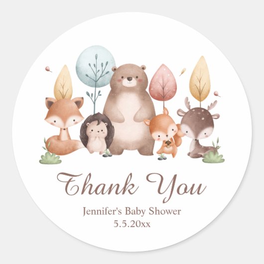 woodland forest animals thank you baby shower cute ラウンドシール (正面)