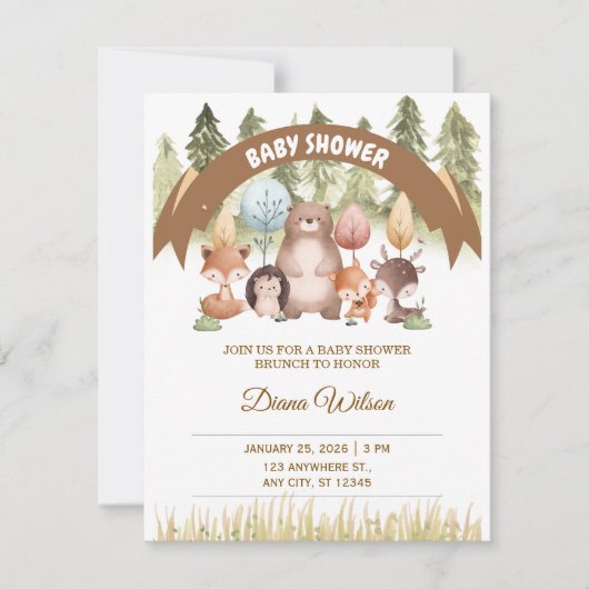 Woodland Forest Baby Shower Invite 出欠カード (正面)