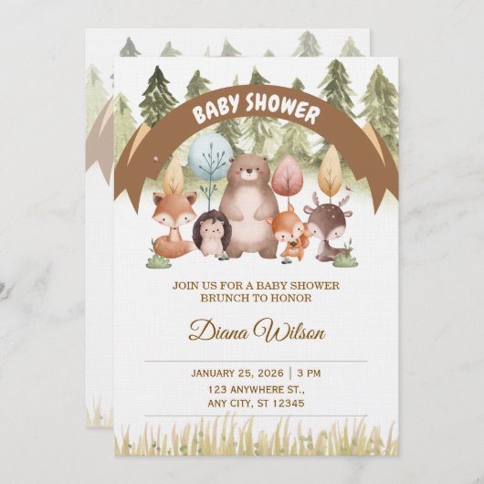 Woodland Forest Baby Shower Invite 招待状 (正面/裏面)