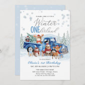 Woodland Forest Blue Truck ONEderland 1st Birthday 招待状 (正面/裏面)