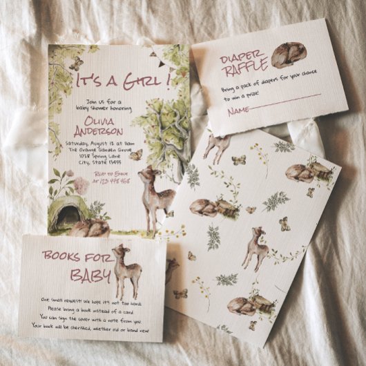Woodland Forest Cute Deer Animals Girl Baby Shower 招待状