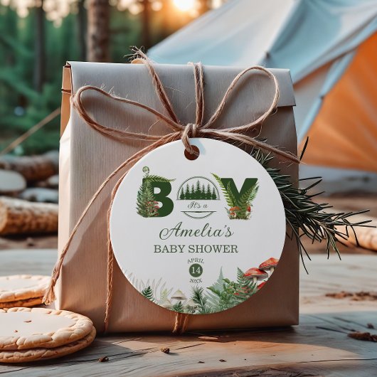 Woodland Forest It’s a Boy Mushroom Baby Shower フェイバータグ