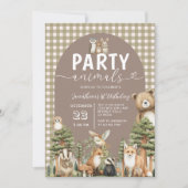 Woodland Forest Party Animals 1st Birthday Gingham 招待状 (正面)